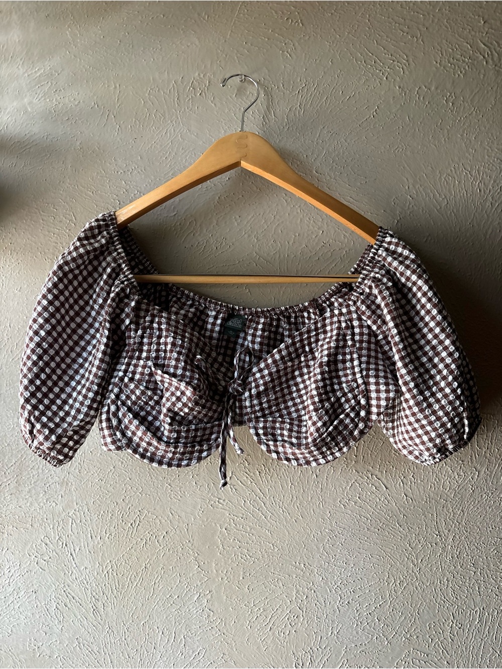 wild fable Brown and White Gingham Drawstring Crop Blouse